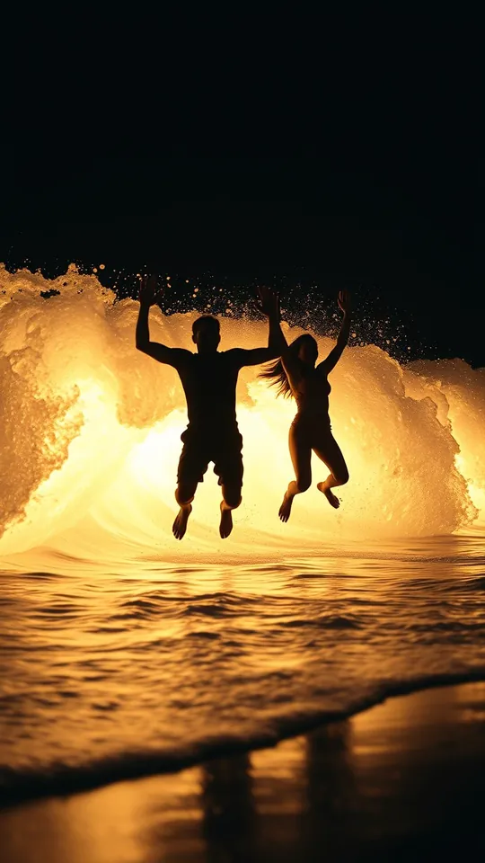 Storyboard scene for Barefoot On The Beach: a couple jumping in a glowing wave