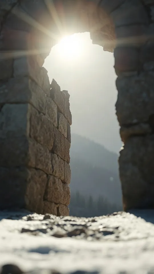 Storyboard scene for The Fallen Heroes: sun bursting through a ruined stone arch
