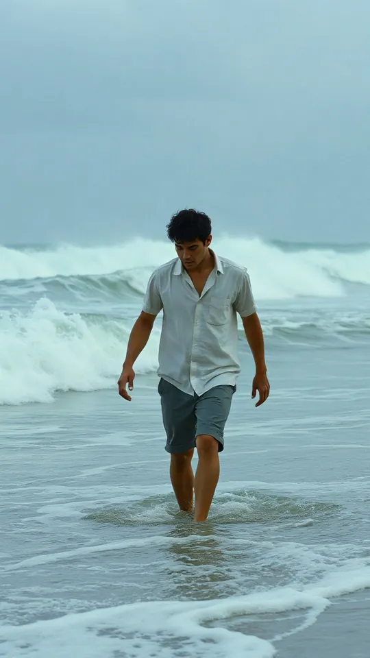 Storyboard scene for Vinland: a young man walking out of the surf