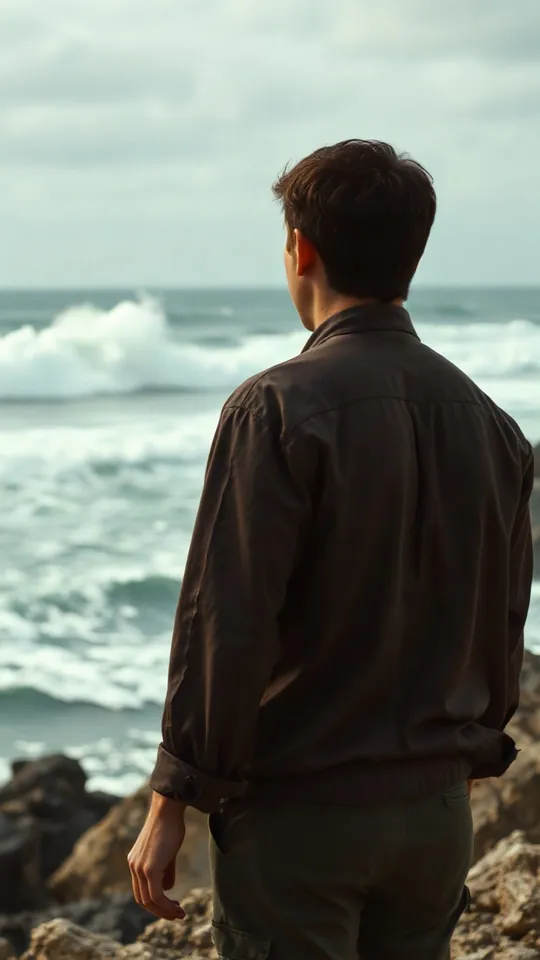Storyboard scene for Vinland: a man on the rocks watching the waves