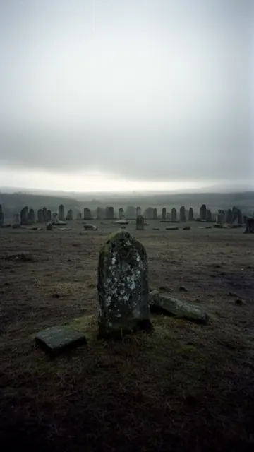 Wide establishing shot of the empty space: A weathered stone marker, a moss-covered, half-buried stone…